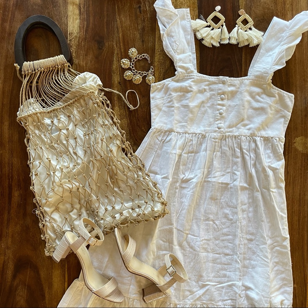 NWT ASOS DESIGN square neck ruffle smock midi sundress in linen in white